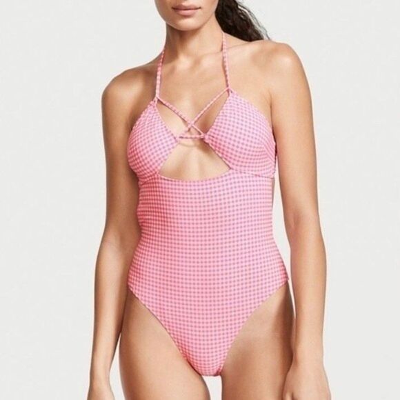 NWT VICTORIA’S SECRET GINGHAM CUT OUT PINK PADDED ONE PIECE SWIMSUIT XL - Picture 1 of 10